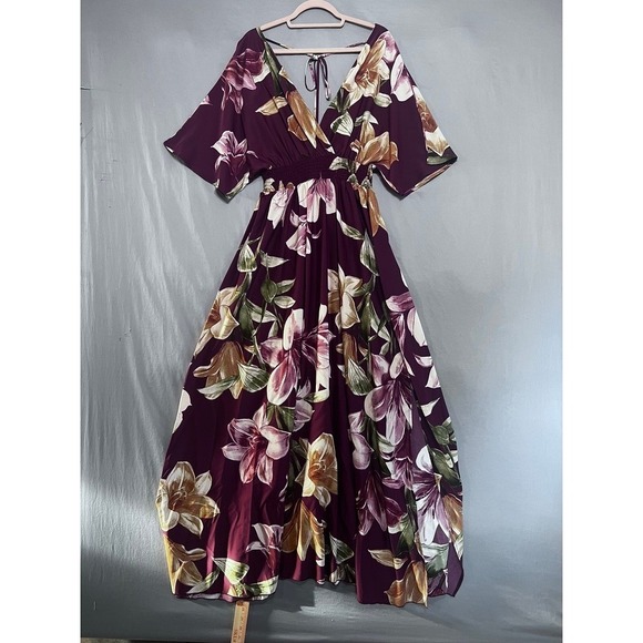 Onetheland Dresses & Skirts - MD Floral V-Neck Maxi Dress Purple Boho Smocked Waist Open Back Flutter Sleeve